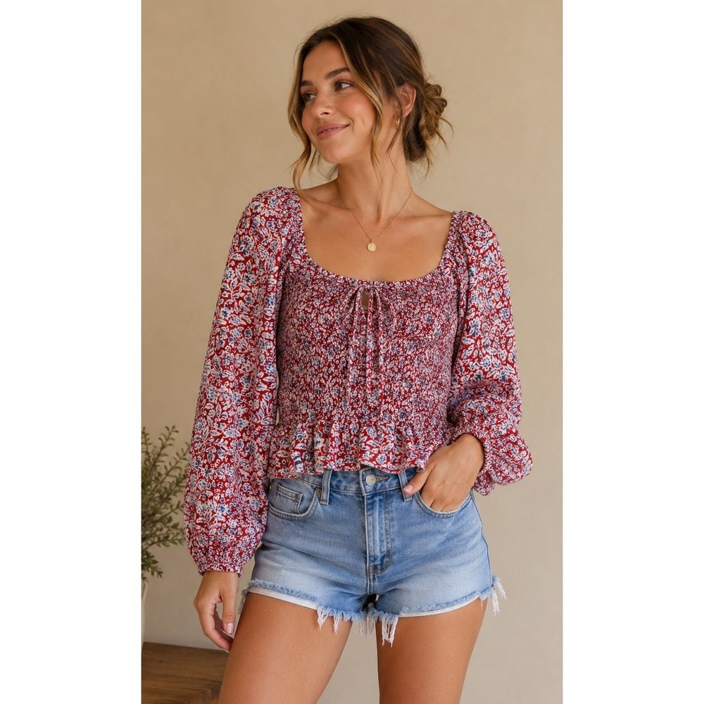 NWT Patrons of Peace Floral Smocked Peasant Blouse L Boho Cottagecore Prairie